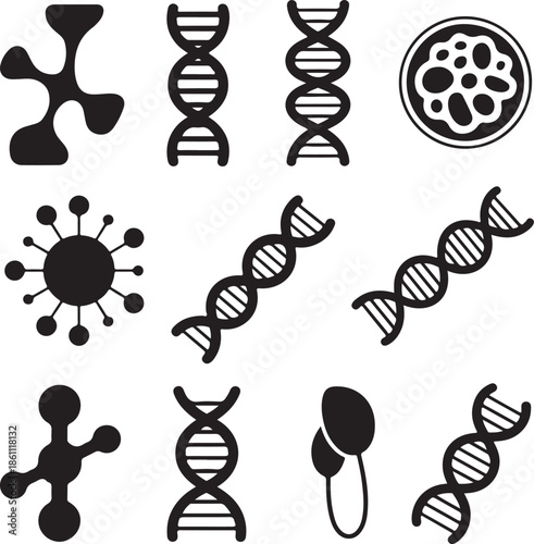 Black and white illustrations of DNA and cell structures