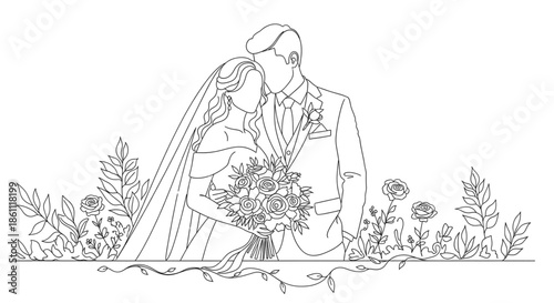 Romantic Wedding Couple Embracing with Flowers for Invitations, Decor, and Love Story Visuals