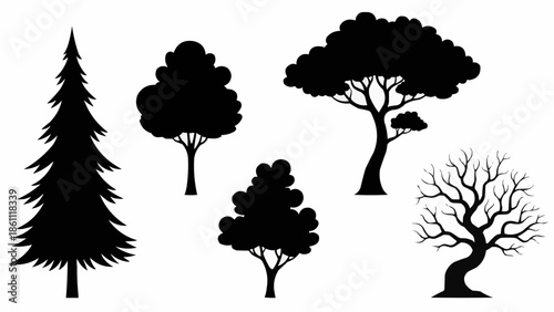 Collection of diverse tree silhouettes on a white background.