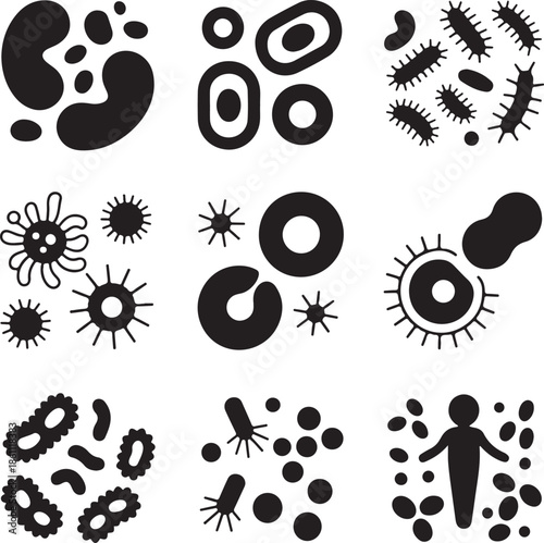 black silhouette microorganisms and human icons on white background
