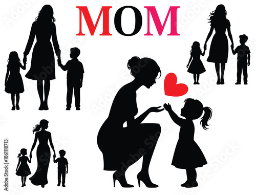 Mother and Children Silhouette Icon Set