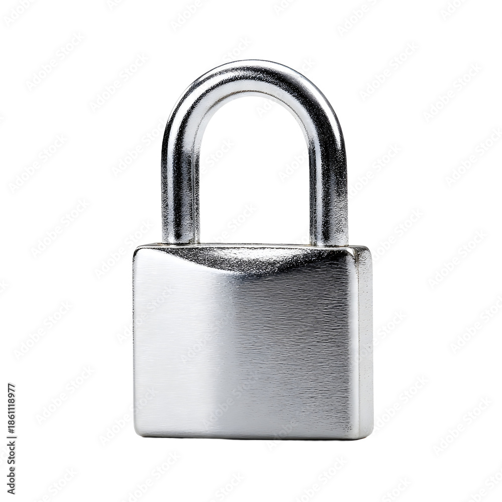 Fototapeta premium Closed shiny silver padlock, Robust metal security mechanism