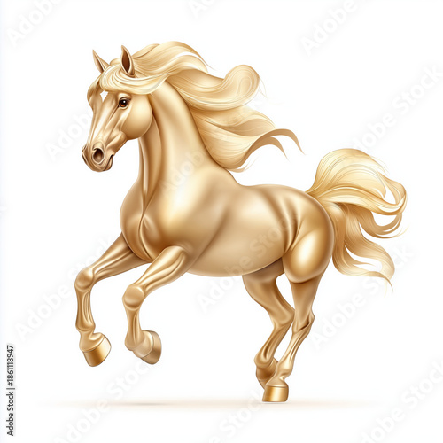 Majestic golden horse with flowing mane and tail stands proudly on white background, exuding elegance and strength. illustration captures horse dynamic movement and graceful form