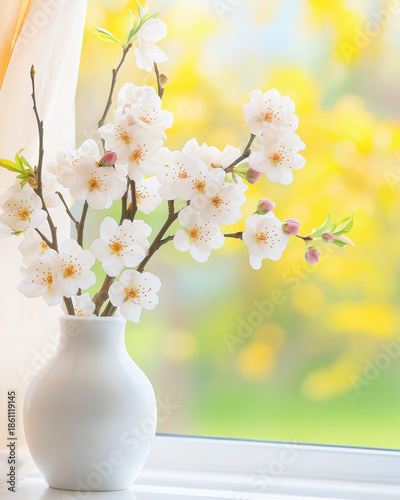 White vase holds delicate cherry blossoms, their soft petals contrasting against blurred, sunlit background. scene evokes sense of tranquility and springtime renewal
