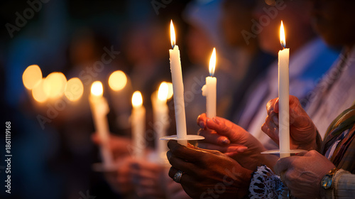 People holding lit candles in a peaceful gathering