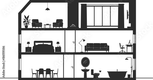 The image is a stylized, silhouetted cross-section of a multi-story house.