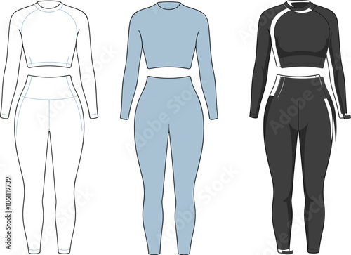 Women Activewear Yoga Set Technical Fashion Flat Sketch Illustration with Raglan Long Sleeve Crop Top and High Waist Compression Leggings Outfit,