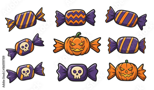 Cartoon Halloween candy vector illustration with spooky wrapped sweets isolated on white background