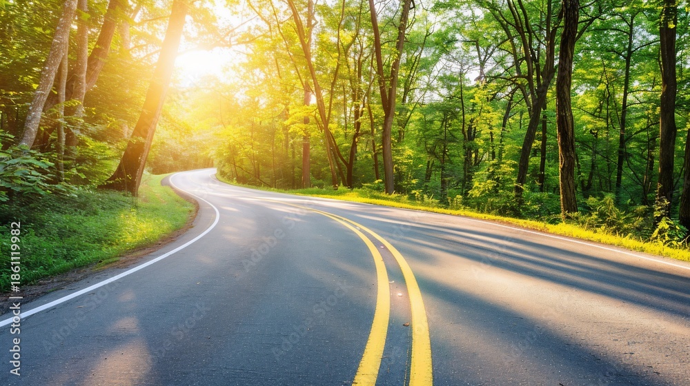 Fototapeta premium Winding paved road through sunlit forest, dappled light and green canopy
