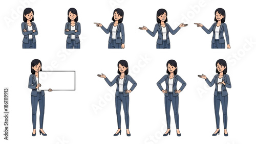 A series of illustrations showcasing a businesswoman in various poses and gestures, standing against a plain white background, highlighting her professional attire and dynamic movements.