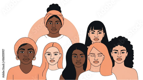 Diverse group of women standing together in a minimalist illustration