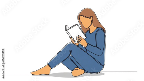 A woman sitting on the floor, engrossed in reading a tablet, surrounded by minimalistic environment, depicted in a simplistic illustration style, from a side viewpoint.