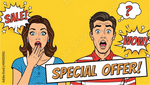 Man and woman reacting to a special offer sign in a promotional setting