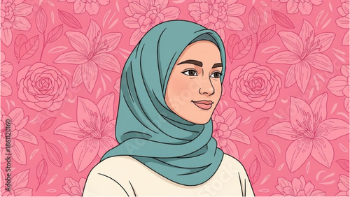A serene young woman wearing a hijab stands against a vibrant floral background