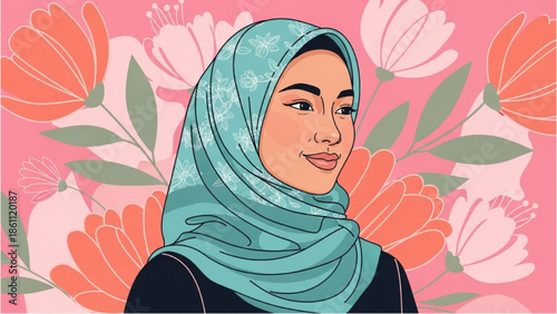 Illustration of a woman wearing a hijab surrounded by flowers