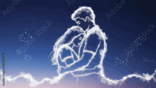Ethereal cloud outlines of a deeply embracing couple merge with the starry night sky creating a celestial vision of eternal romance and devotion