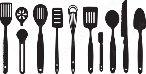 A set of kitchen utensils including a fork, spoon, and knife made of shiny silver metal silverware cutlery isolated on a white background for restaurant dining