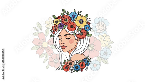 Serene woman adorned with floral crown and bouquet surrounded by pastel flowers from a front viewpoint