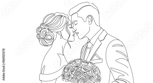Romantic Line Art Wedding Couple Kissing with Rose Bouquet for Bridal Invitations and Anniversary Cards