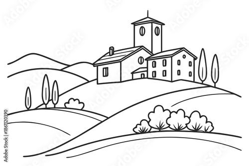 the lake house in the woods is drawn as a silhouette. The landscape in the country is drawn like a panoramic sketch. The village's outline is minimalistic. Eps