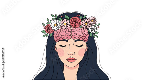 A serene illustration of a woman with a floral brain, symbolizing creativity and mindfulness.