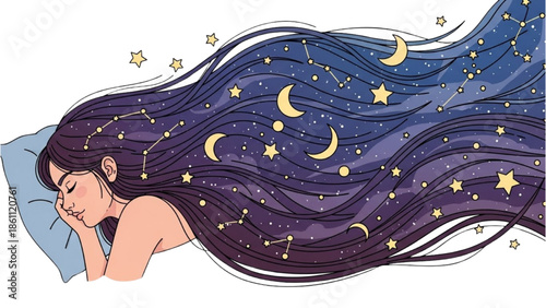A serene woman sleeps surrounded by a celestial display of stars and moons in her long flowing hair