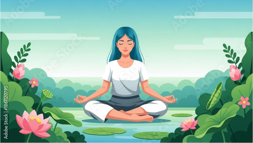 A serene illustration of a woman meditating peacefully on a lotus pond surrounded by lush greenery and vibrant flowers