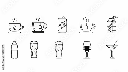 Collection of hand-drawn beverage icons in a simple line art style.