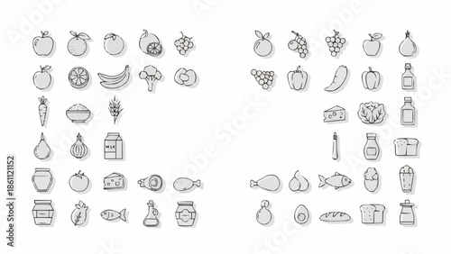 Collection of hand-drawn food icons in a doodle style.
