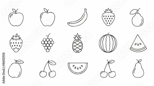 Collection of hand-drawn fruit icons in a simple outline style.