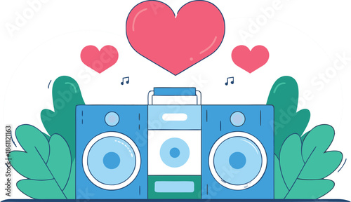 Vector illustration set of two digital audio speakers with a heart symbol and old radio music player icons for web technology design