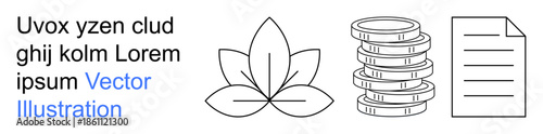 Wellness, finance, organization, mindfulness, growth, minimal designs. A lotus flower, coin stack and document icons. Wellness and finance concepts by lotus and coins