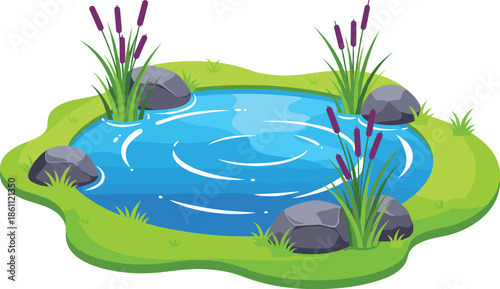 Cartoon pond vector illustration with water, rocks, grass and cattails, nature landscape element for outdoor scenery design