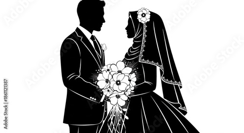 Muslim Wedding Couple Silhouette Celebrating Love and Commitment for Islamic Marriage Ceremonies and Invitations