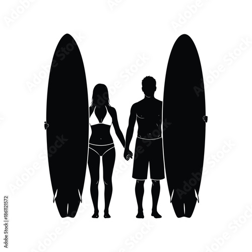 Couple with Surfboards: Summer Adventure Silhouette Artwork