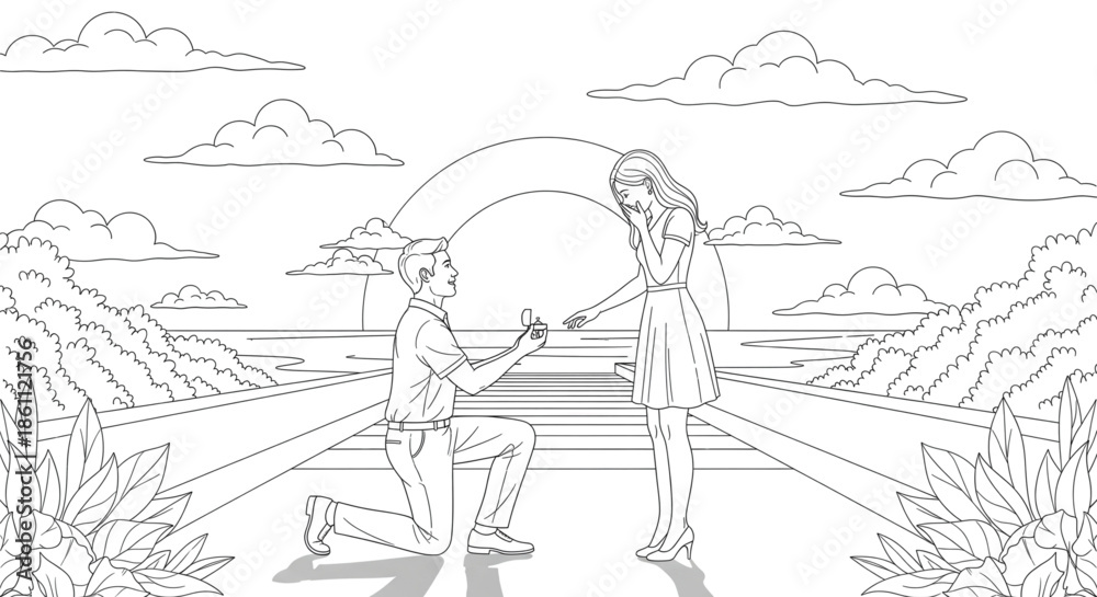 Fototapeta premium Romantic Marriage Proposal Outdoors at Sunset, Couple Engaged, Love, Future, Wedding Planning, Lifestyle