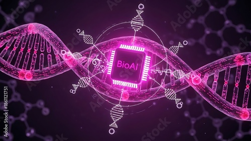 BioAI concept with DNA double helix and microchip integration
