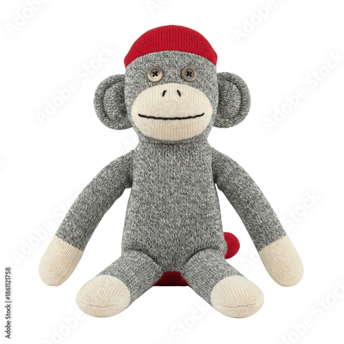Canvas Print Handmade grey knit sock monkey toy with red hat