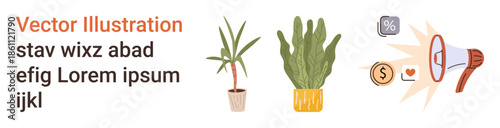 Marketing, advertising, finance, communication, nature, eco concepts. Two potted plants and a megaphone with icons of a dollar, heart and percentage. Marketing and finance concept