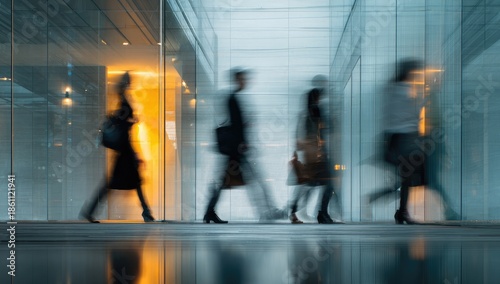 Blurred figures of professionals walking down a modern corridor with glass walls