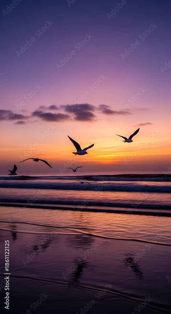 Fototapeta premium Seagulls flying over beach at sunset.