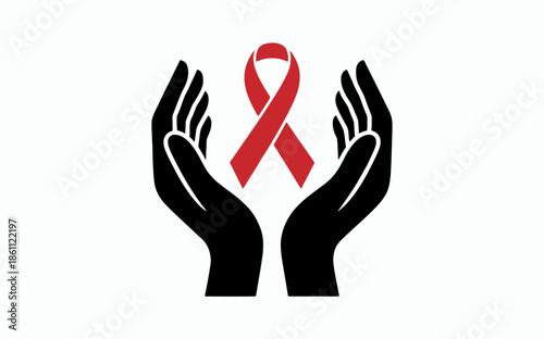 Hands holding red ribbon symbolizing support and awareness