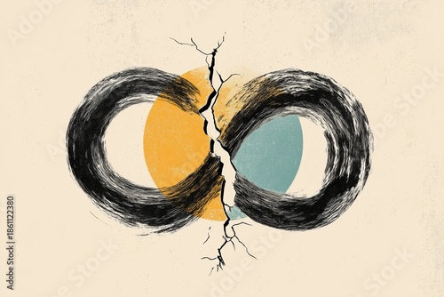 Black ink infinity symbol cracking open with a subtle blue accent. Concept of breaking an endless cycle and change.