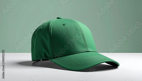 Green Baseball Cap on White Surface with Green Background.