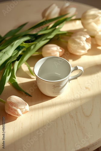 A delicate white coffee cup adorned with intricate handle details and a subtle sheen, filled with a warm brown liquid, sits elegantly beside a bouquet of fresh tulips in various shades of pink 