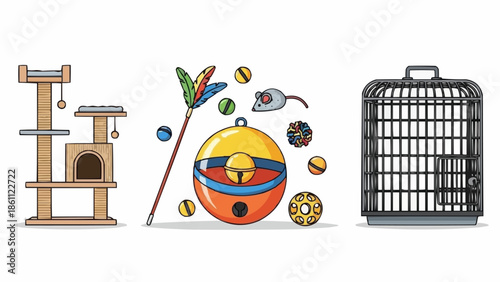 Collection of pet cat toys and accessories for feline entertainment.