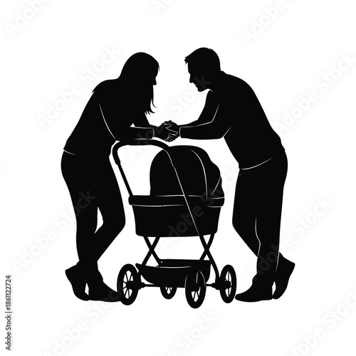 Expecting Parents Silhouette with Baby Stroller Concept