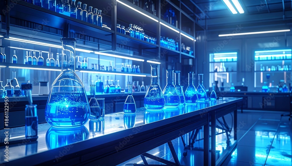 Fototapeta premium Modern scientific laboratory with glowing blue liquids in beakers and flasks, representing cutting-edge chemical research and technological innovation