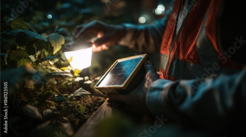 Expert hands replacing rechargeable battery in solar garden light enhancing sustainability and extending the devices usability for ecofriendly nighttime ambiance