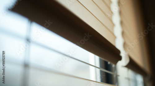 Tight close-up shot, intricate origami style, fabric blinds for windows, folded paper look, geometric precision, detailed focus.